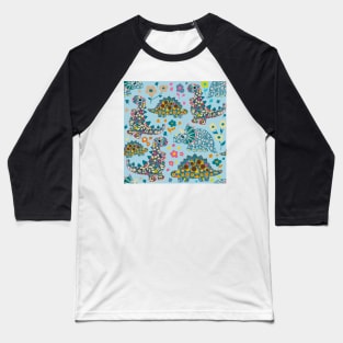 Vintage floral fabric dinosaurs with daisies on blue background Baseball T-Shirt